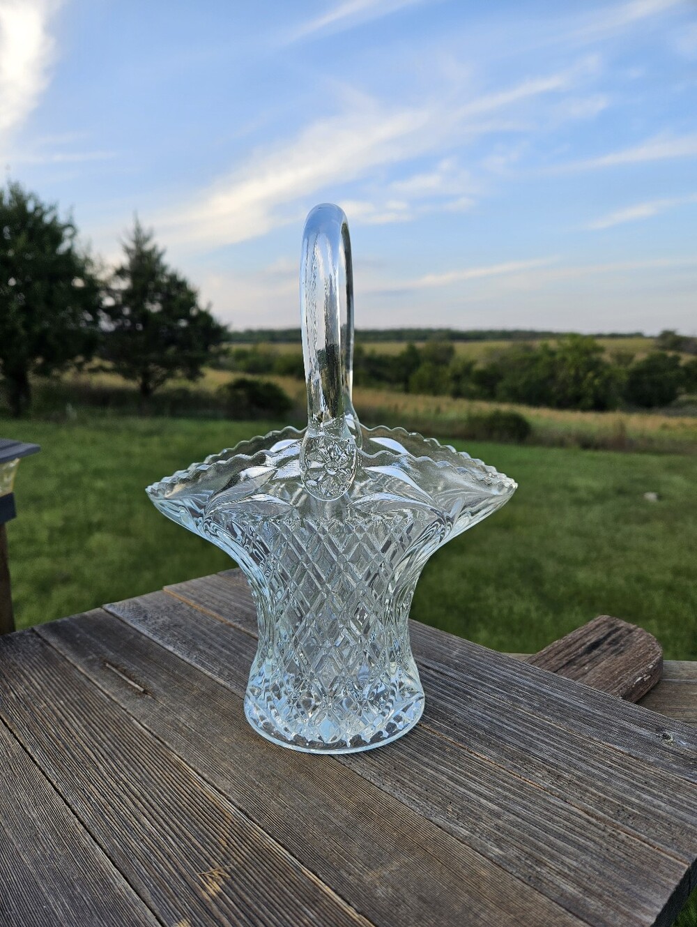 Vtg Clear Pressed Glass Bride Basket Vase Handle Diamond Cut Scalloped Rim 10"
